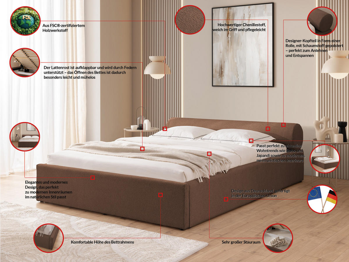 POLSTERBETT 160/200 cm Josy im Designer-Look mit Bettkasten und Lattenrost aus Braun Chenille-Stoff - Schwarz/Braun, Holz/Kunststoff (160/200cm) - S-Style Möbel
