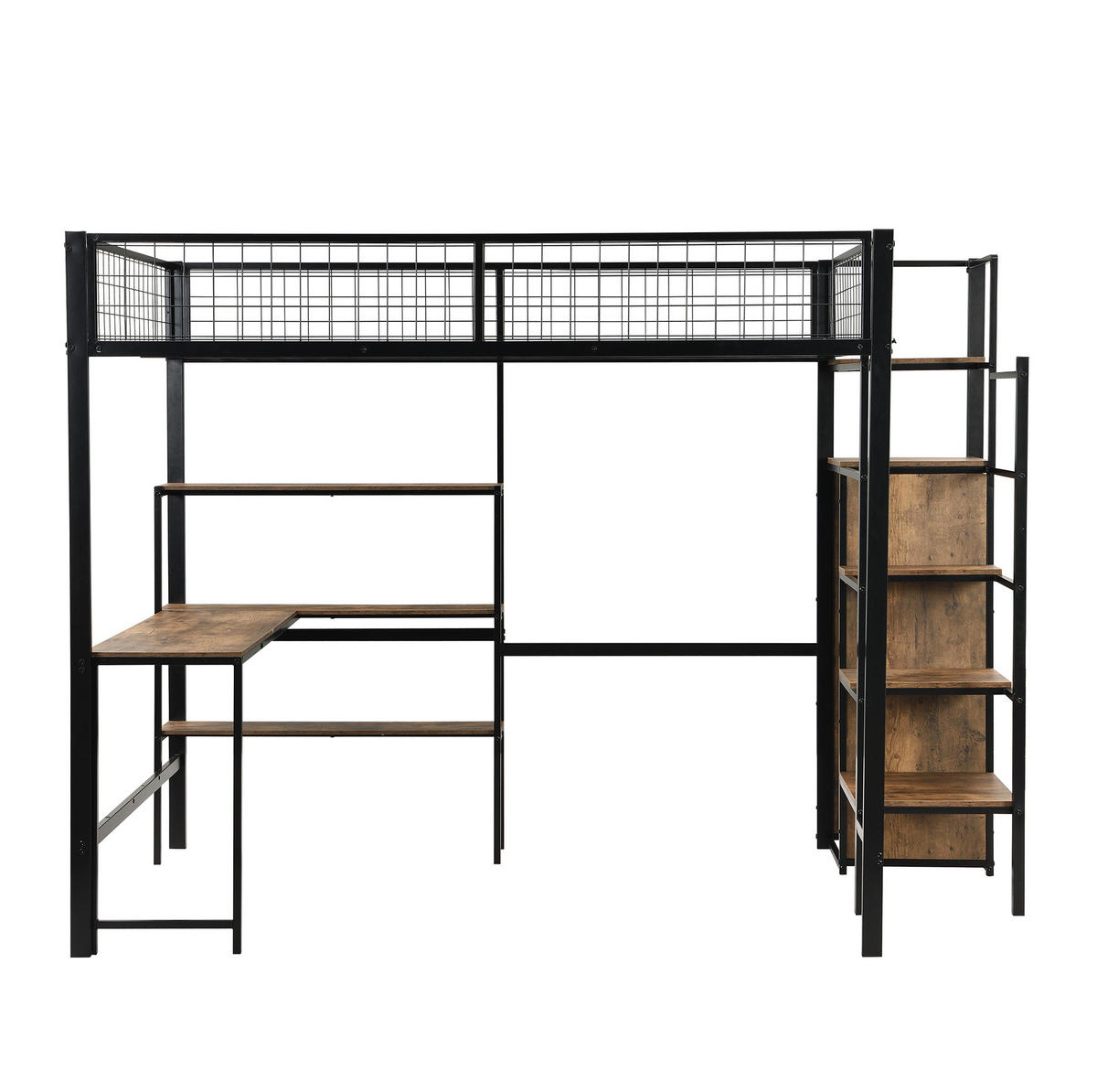 HOCHBETT 140/200 cm in Schwarz/Braun mit Schreibtisch, Regalen und Kleiderschrank - Schwarz, Metall (140/200cm) - Flora Grace