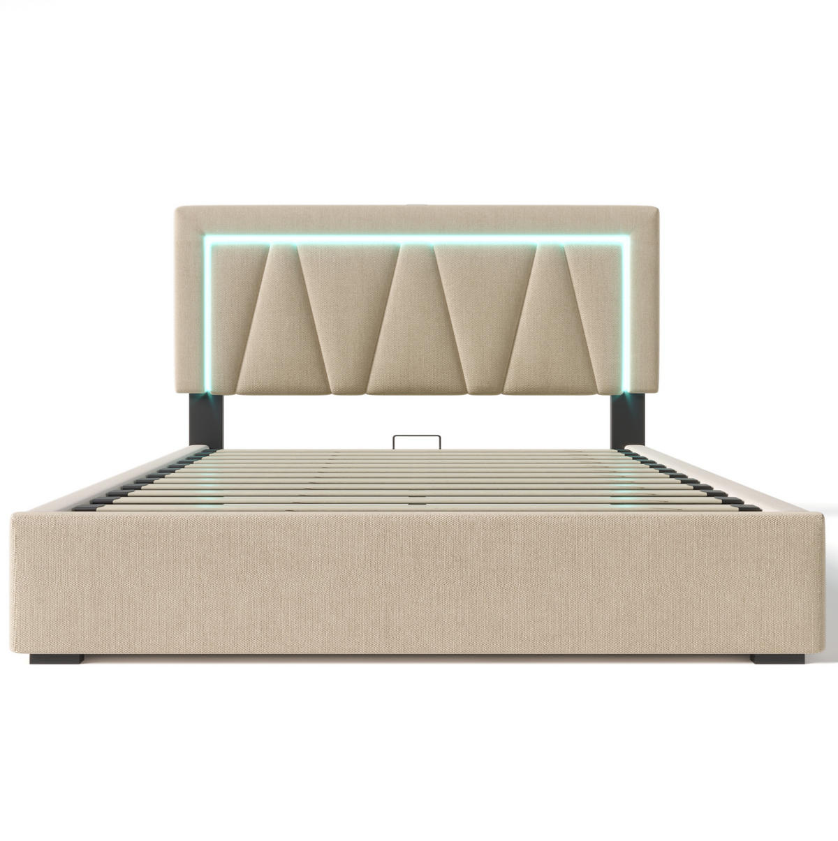 ČALÚNENÁ posteľ z ľanu 160x200 cm béžová s LED osvetlením, USB a Type-C portom, úložným priestorom - béžová, textil (160/200cm) - Modfu
