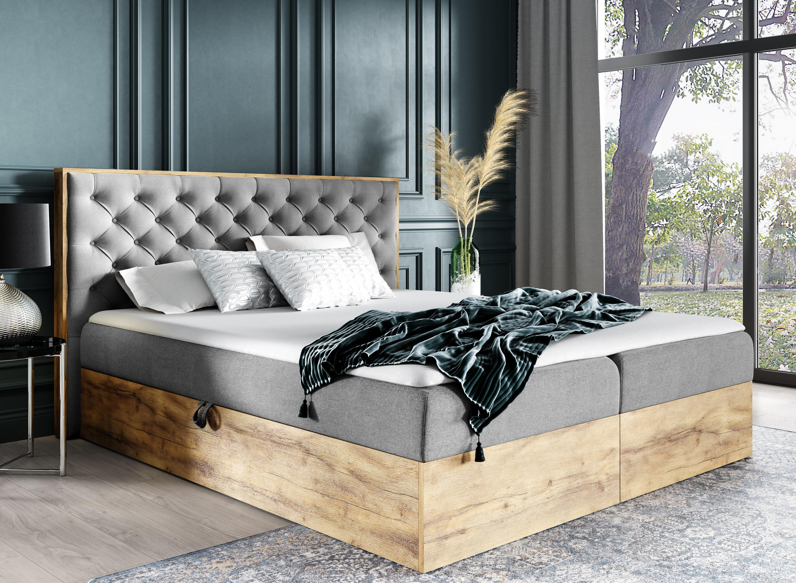 BOXBETT Clavio 160/200 cm in Stahlgrau – mit Bettkasten und Topper - Schwarz/Grau, Holz/Holzwerkstoff (160/200cm) - AX Living