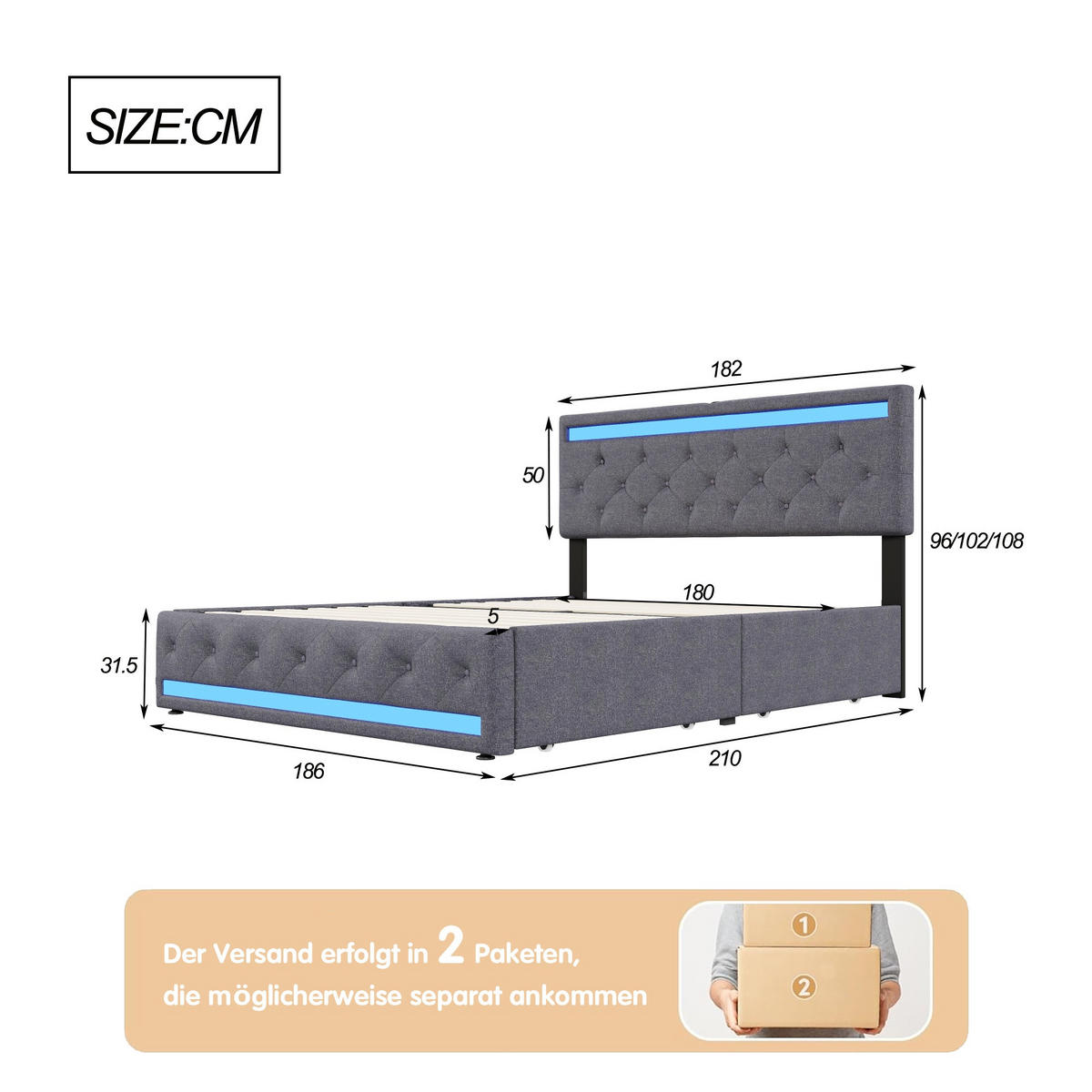 POLSTERBETT 180x200 cm Modern Comfort mit Dual-RGB-LED, USB & USB-C Ladeanschluss, 4 Schubladen, Leinen-Optik, Dunkelgrau - Grau, Textil (180/200cm) - DELFA