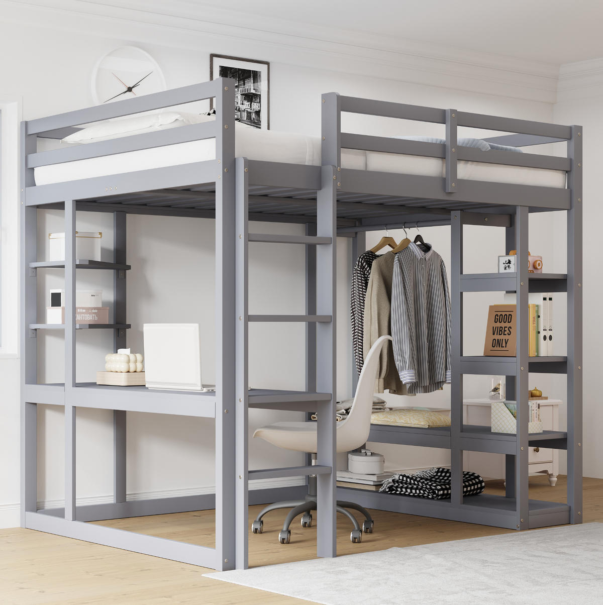 HOCHBETT aus Kiefernholz 140x200 cm Grau mit Schreibtisch, Regalen und Garderobenbereich - Grau, Holzwerkstoff (140/200cm) - Modfu