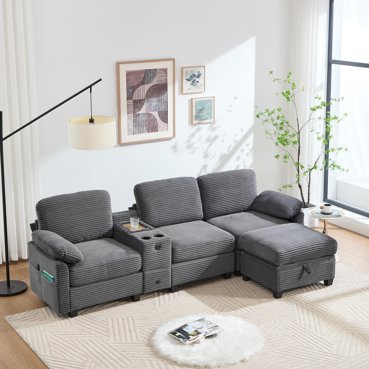 ECKSOFA L-Form mit beweglicher Mittelkonsole USB-C-Dunkelgrau 266/136/82 cm - Dunkelgrau, Textil (266/136cm) - OKWISH