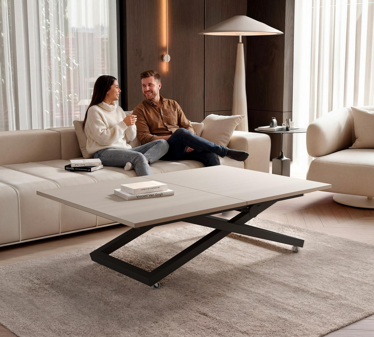 COUCHTISCH ARIA 120-160/80 cm, Höhenverstellbar, Schwarz / Kaschmir - Kaschmir/Schwarz, Holzwerkstoff/Metall (120/80/38cm) - Idohome