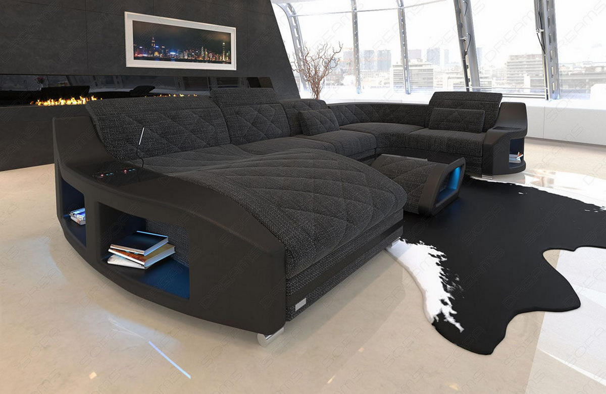 WOHNLANDSCHAFT Stoff Sofa Swing U Form Schwarzgrau Schwarz Strukturstoff - Schwarz, Kunststoff (404/90/220cm)