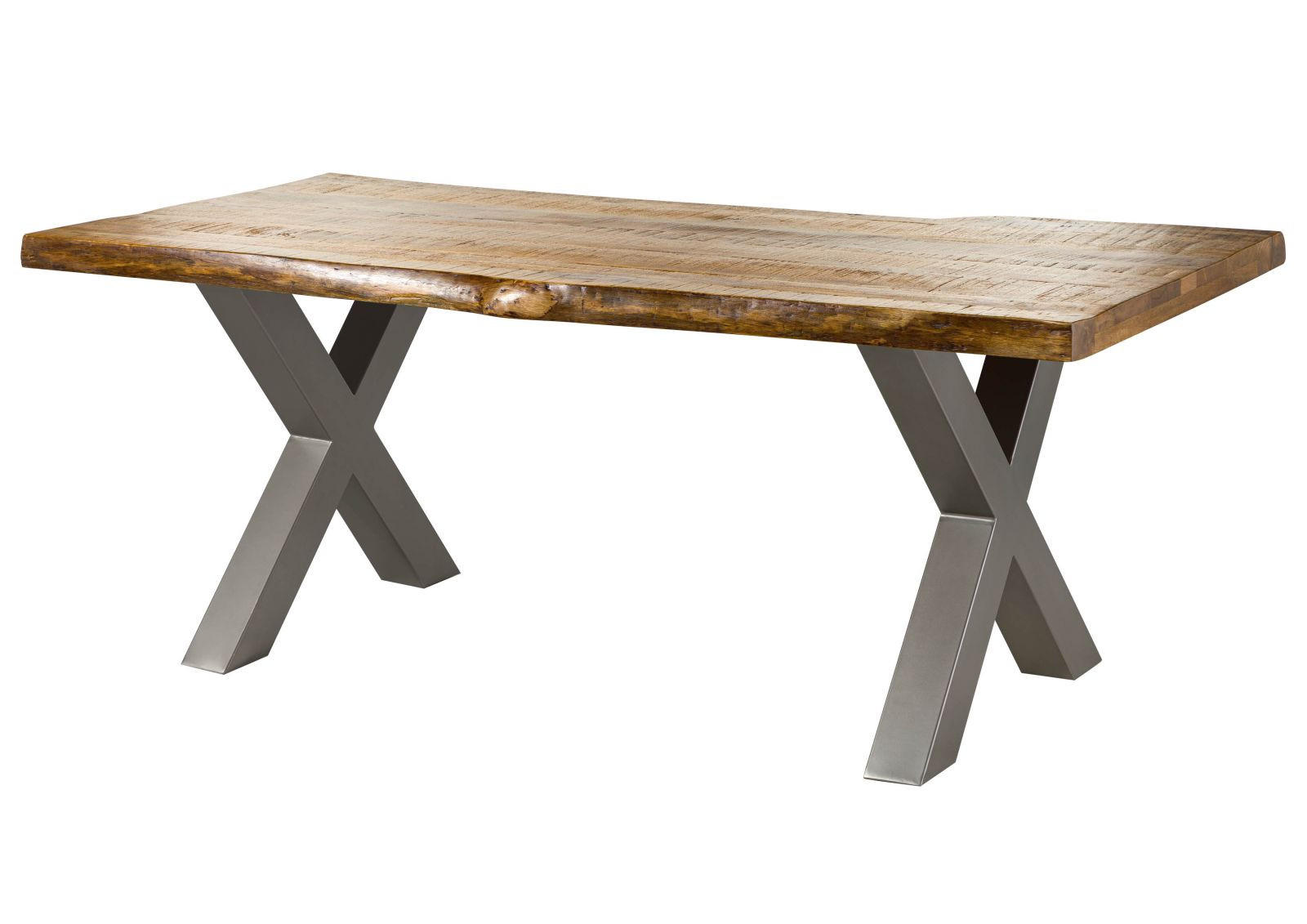 BAUMTISCH Mango 180x90x77 natur lackiert FREEFORM 5 / X-Beine silber matt - Braun, Holz (90/180/77cm) - Massivmoebel24