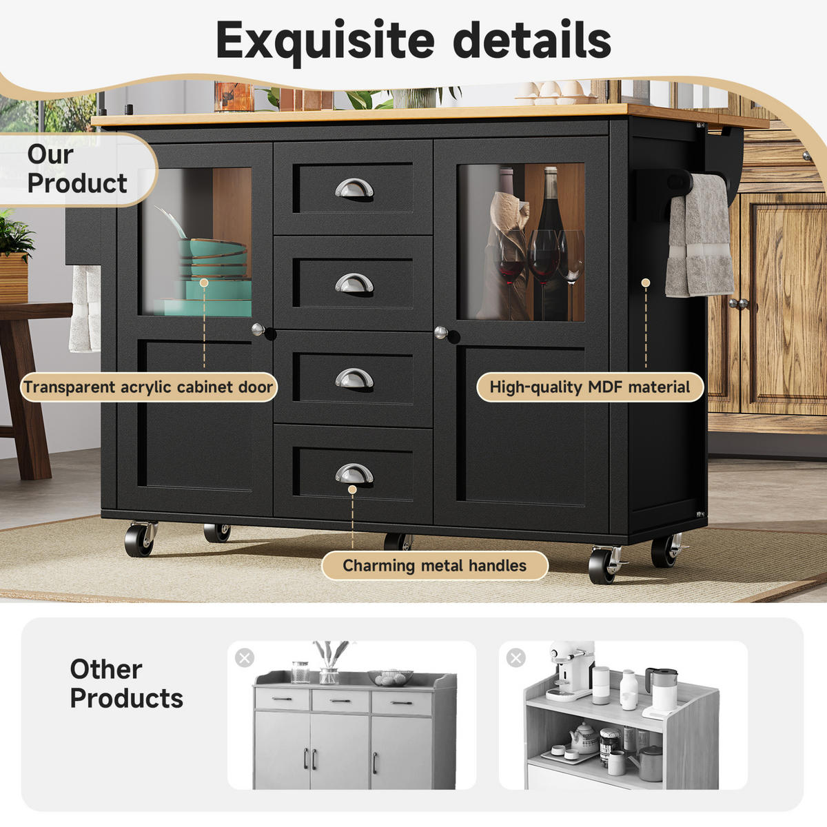 KÜCHENINSEL 137,9/92,5/73 cm Schwarz aus MDF und Metall mit Klapptisch - Schwarz, Holzwerkstoff (73/92.5/137.9cm) - OKMYHOME