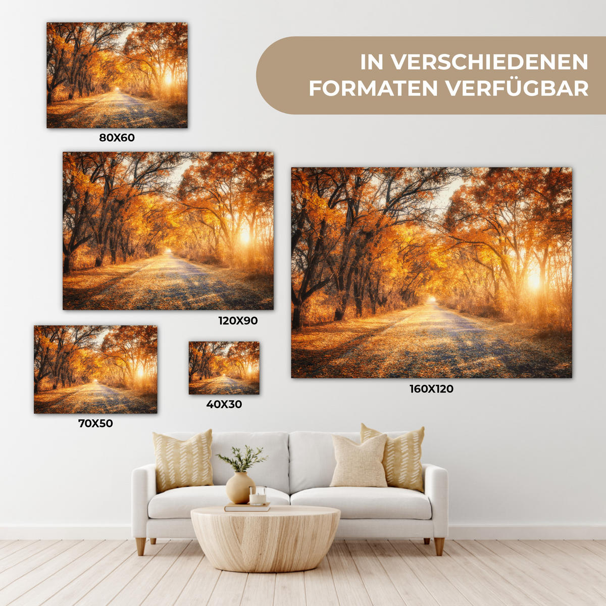 LEINWANDBILD Wald - Herbst - Bäume - Waldweg - Natur Wandbilder 80x60 cm - Bernsteinfarben, Textil (80/60cm) - MuchoWow