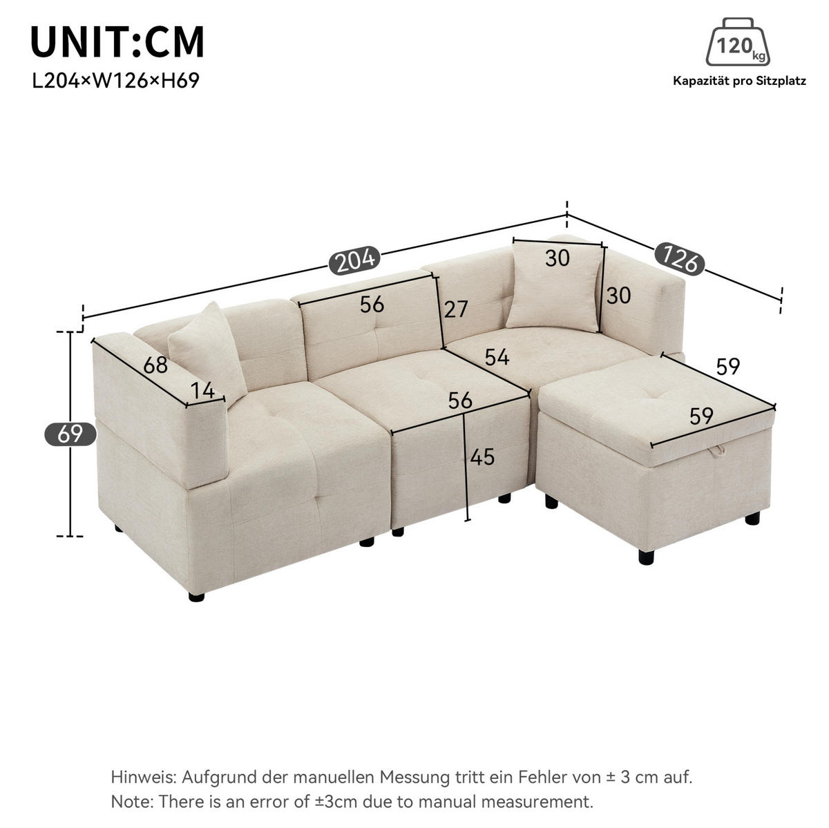 ECKSOFA 204/126/69 cm Beige aus Chenille mit Stauraum-Fußhocker - Beige, Textil (126/204cm) - OKWISH