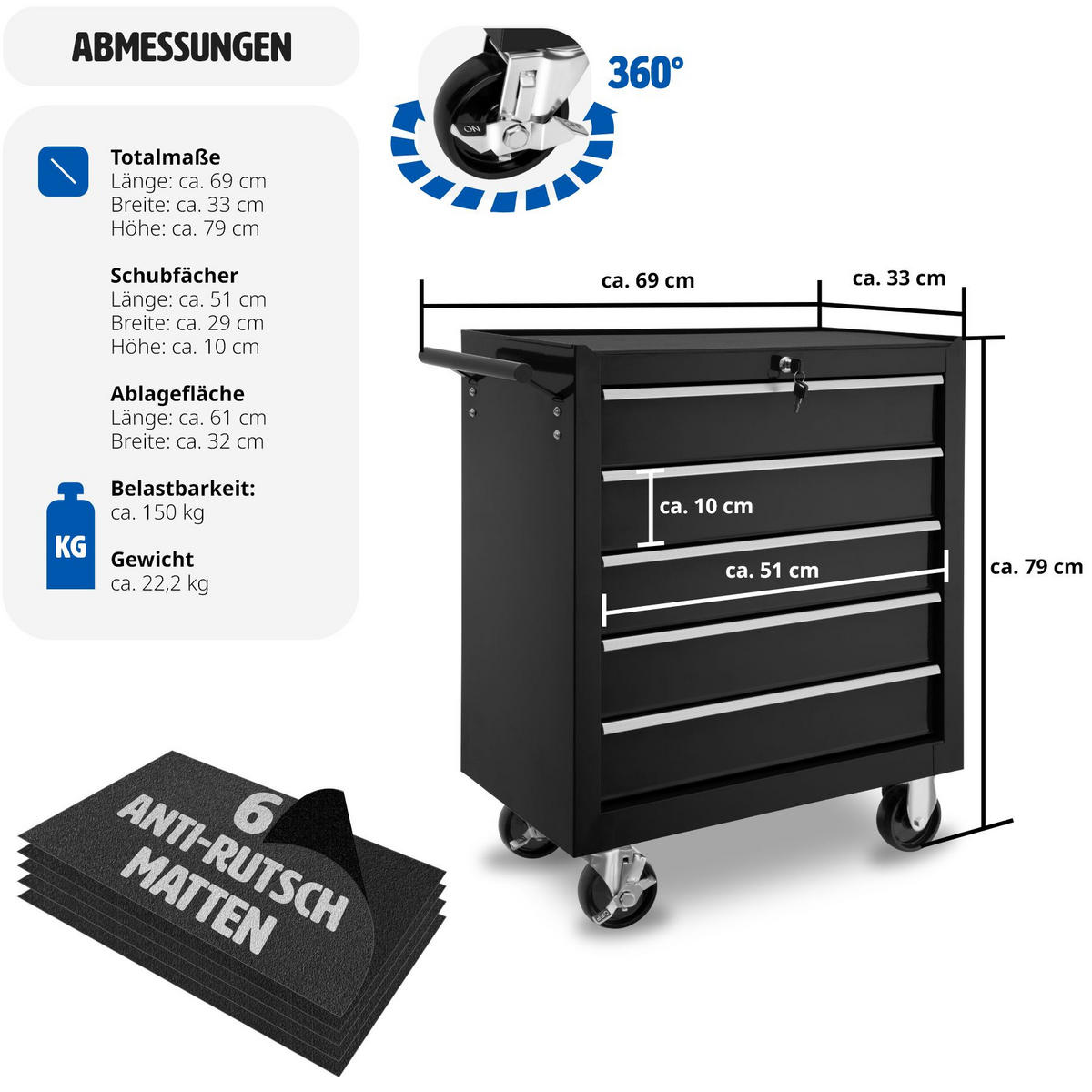 WERKZEUGWAGEN ,Rollen Ø 100 mm,schwarz - Schwarz, Metall (33/79/69cm) - tectake