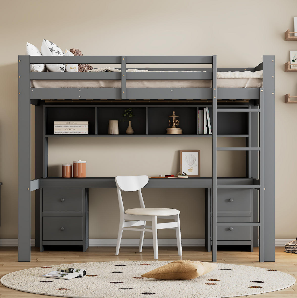 HOCHBETT 90/200 cm grau mit Tisch und großem Stauraum mit Matratze - Grau, Holzwerkstoff (90/200cm) - OKWISH