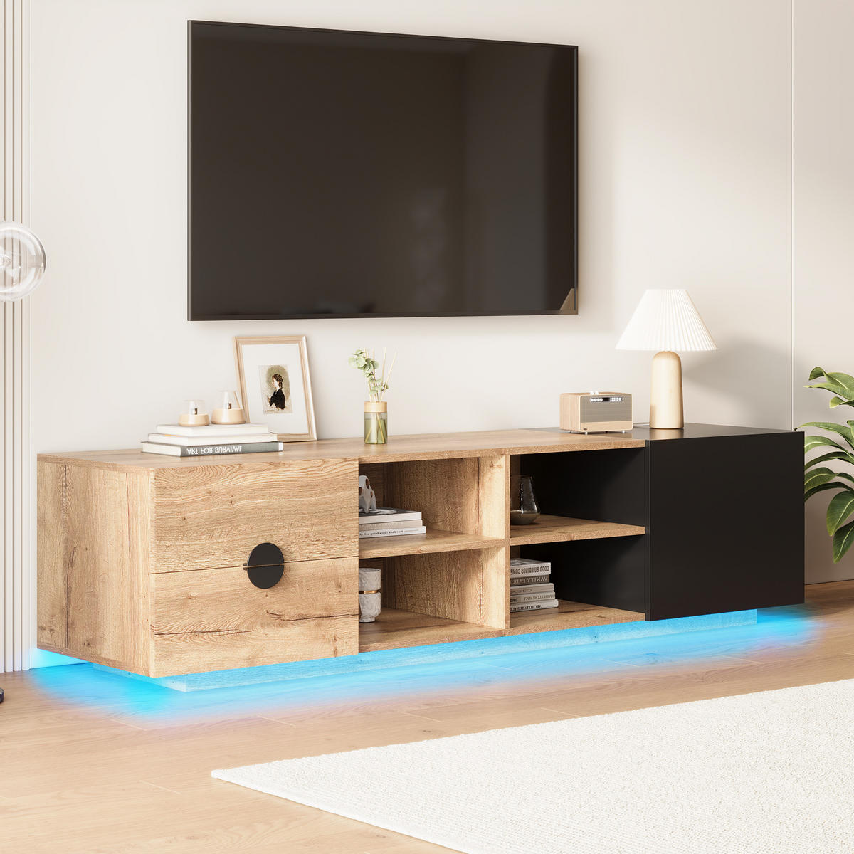 TV-SCHRANK mit Schublade, offenem Fach und Stauraum, Holz/Schwarz - Schwarz, Holzwerkstoff (180/47/38.5cm)