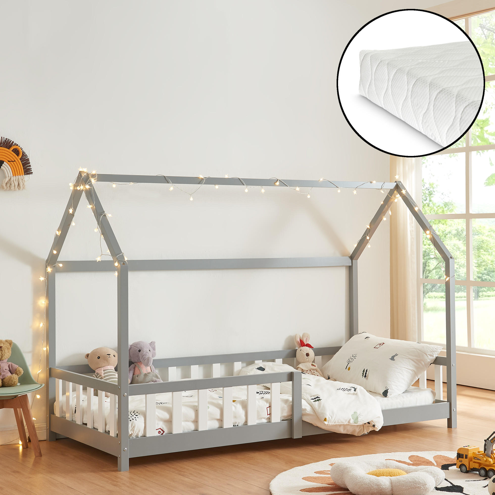 HAUSBETT Hesel mit Matratze - Grau, Holz/Textil (90/200cm) - [en.casa]
