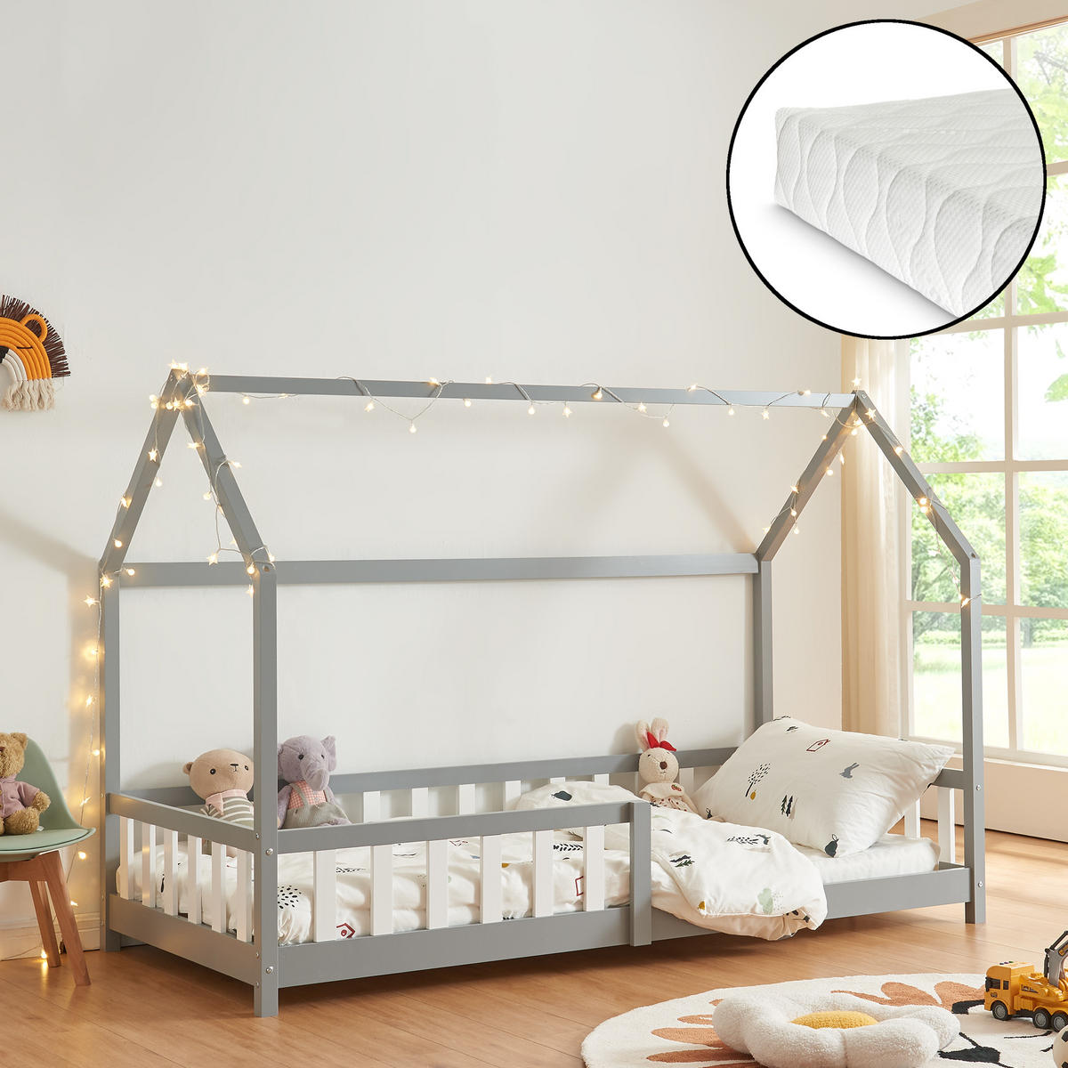 HAUSBETT Hesel mit Matratze - Grau, Holz/Textil (90/200cm) - [en.casa]