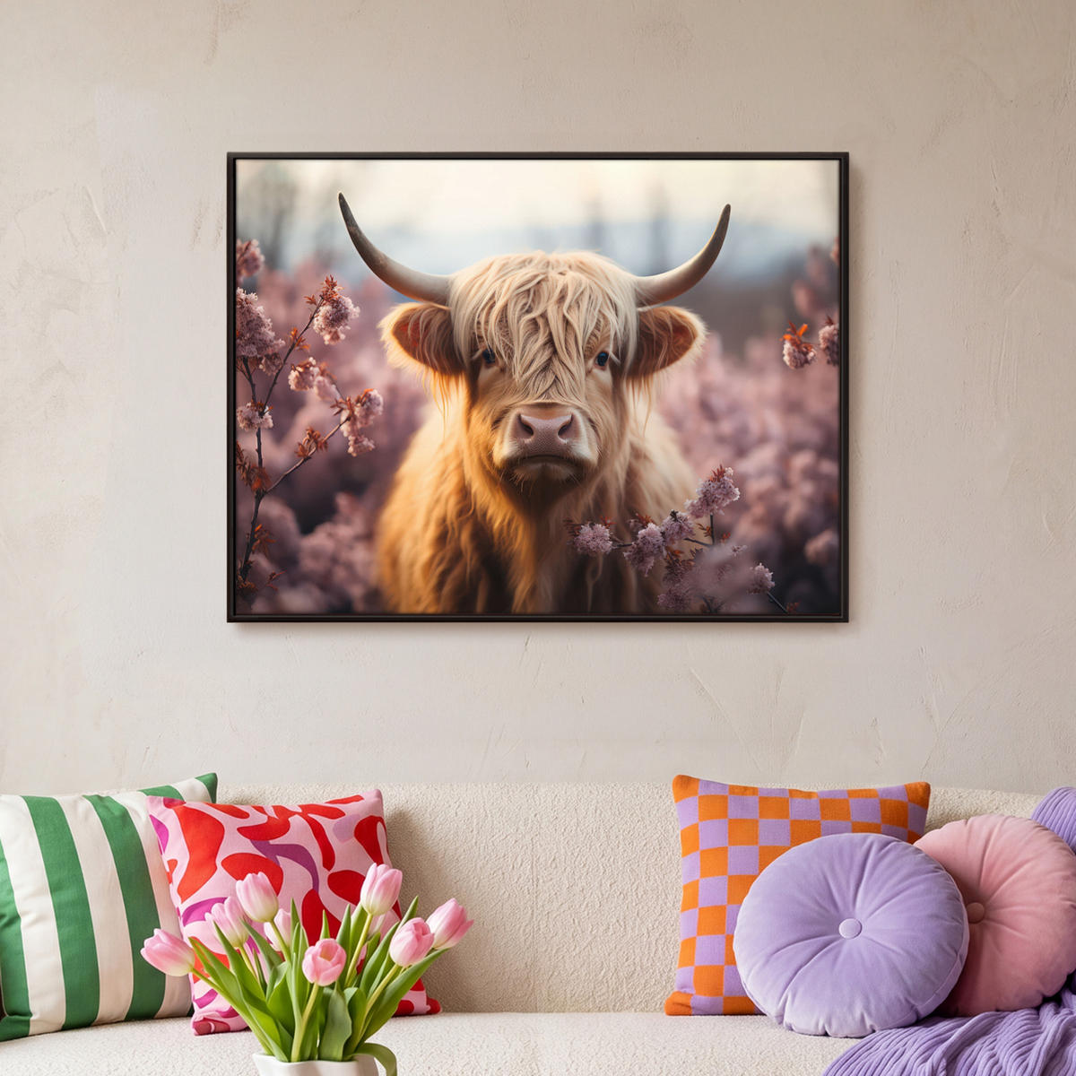 LEINWAND Bilder mit Rahmen - Schottischer Hochländer - Frühling - Hochland - 70x50 - Hellrosa, Textil (70/50cm) - MuchoWow