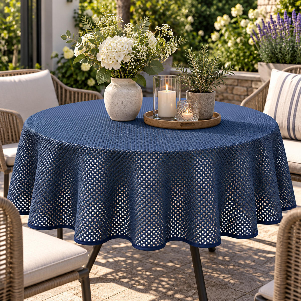 TISCHDECKE Gartentischdecke Karo Blau 140 cm rund - Blau, Kunststoff (140cm) - TiborTex