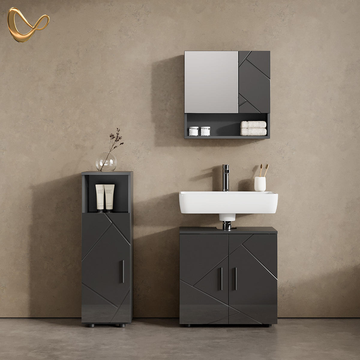 BADMÖBEL-SET Ronco Anthrazit Hochglanz 3 Teile - Schwarz Hochglanz/Anthrazit, Holzwerkstoff (60/95/30cm) - Livinity®