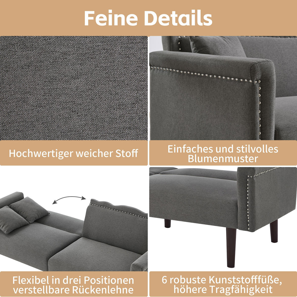 SOFA 2in1 Zweisitzer Liegefunktion Unabhängig Verstellbar Baumwoll-Leinen - Grau, Holz (92.71/19.05/80cm) - FLIEKS