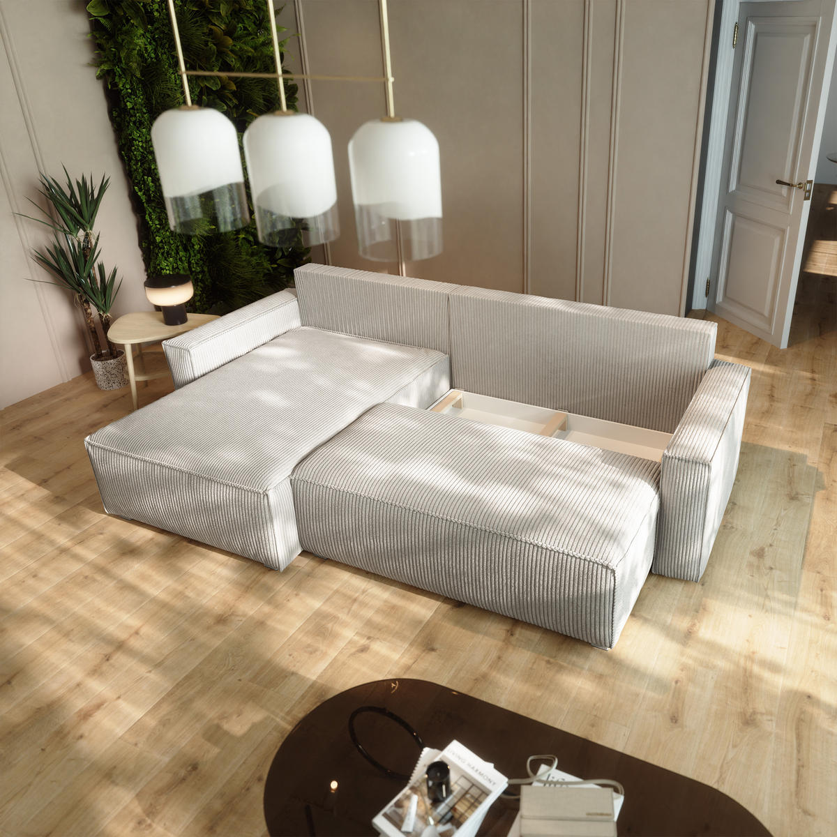 ECKSOFA BESMIR Creme Kordstoff mit Schlaffunktion - Creme, Holz (275/148cm) - MASSENO