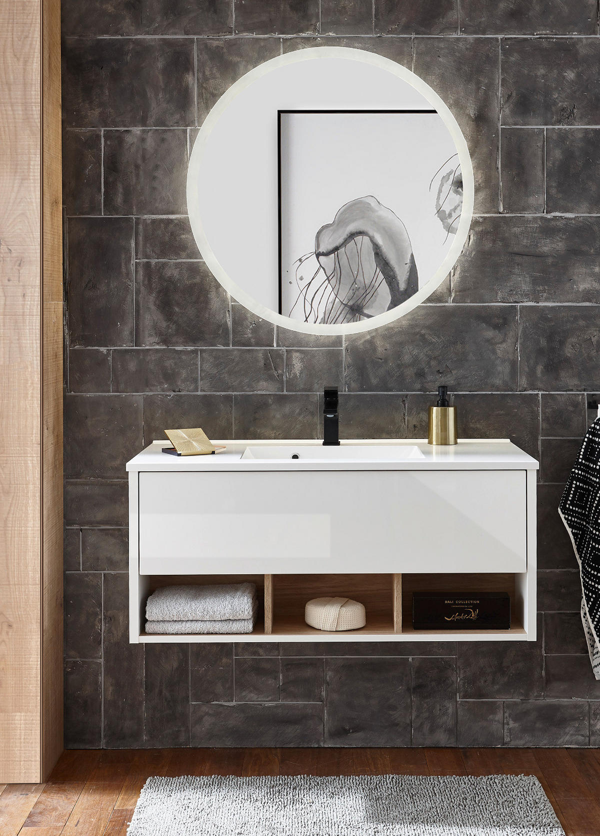 WASCHTISCH weiß Hochglanz und Eiche , Set Waschbeckenunterschrank inklusive Waschbecken, Breite 100 cm - Weiß Hochglanz/Eichefarben, Holzwerkstoff/Metall (100/44/47cm) - Furn.Design