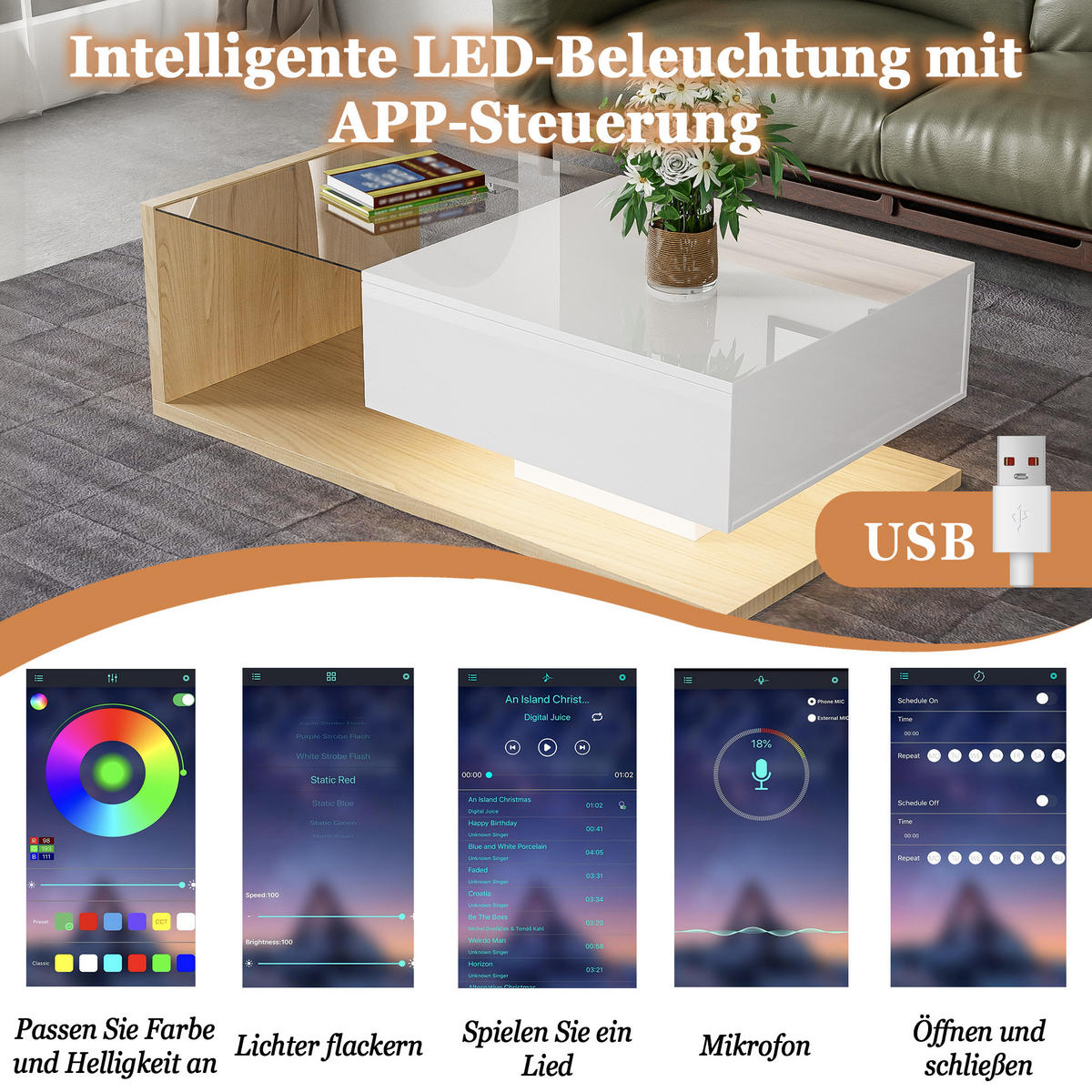 COUCHTISCH 105/55/32,5 cm in Hochglanzweiß mit Glasplatte und LED-Beleuchtung - Weiß Hochglanz, Holzwerkstoff (105/55/32.5cm) - OKWISH