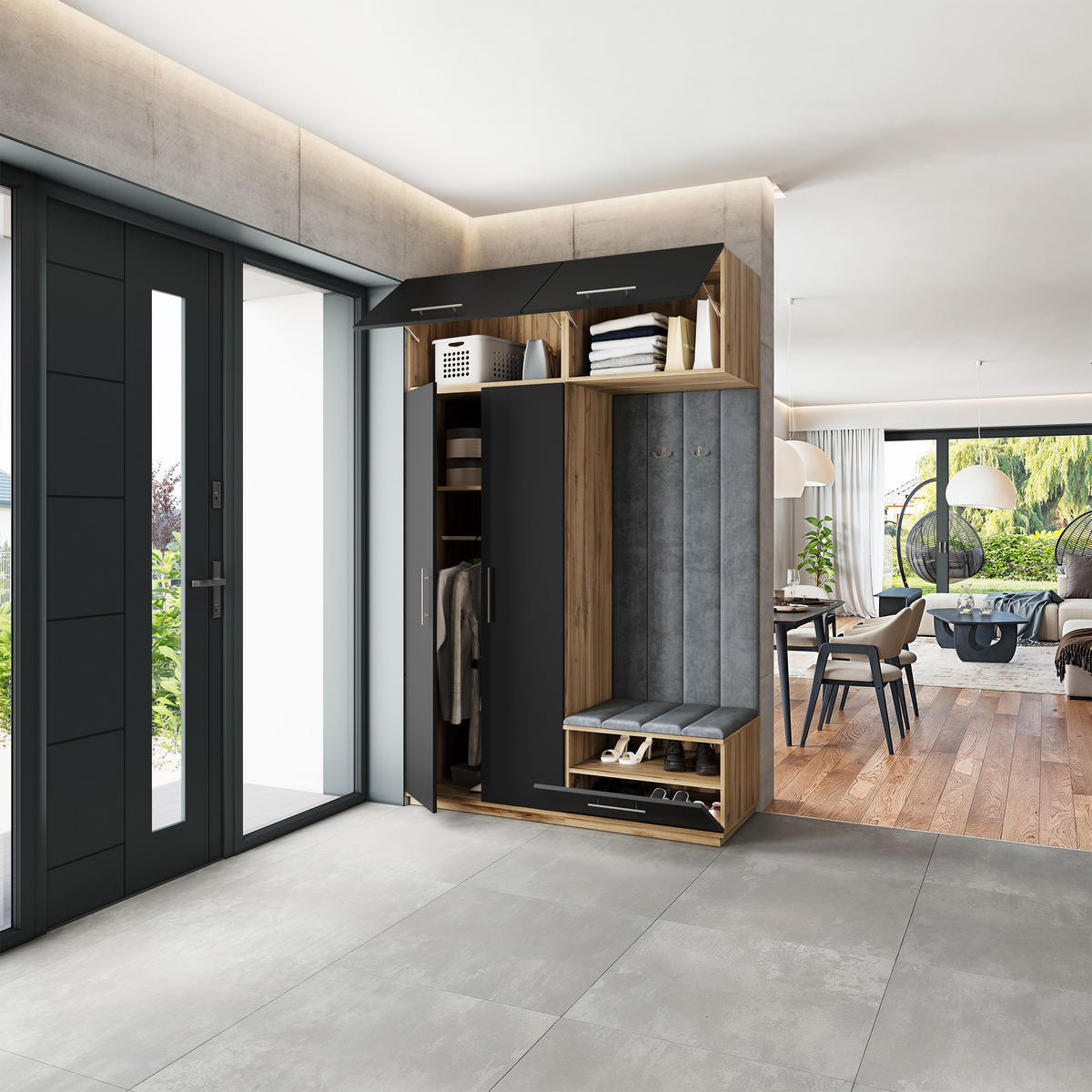 GARDEROBENSCHRANK REMA 150/240/60 cm Modern Garderobe-Set Eiche Wotan - Eiche Wotan/Schwarz, Holzwerkstoff (150/240/60cm) - MASSENO