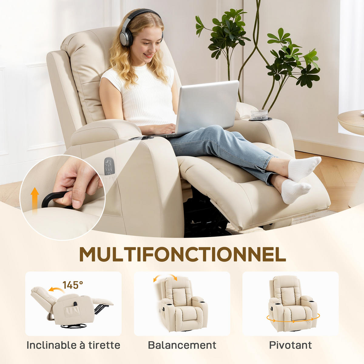 MASSAGESESSEL DE-15444 8 Massagepunkte mit Heizung und 360° Drehung Creme - Creme, Leder (82/103/99cm) - ComfortXL