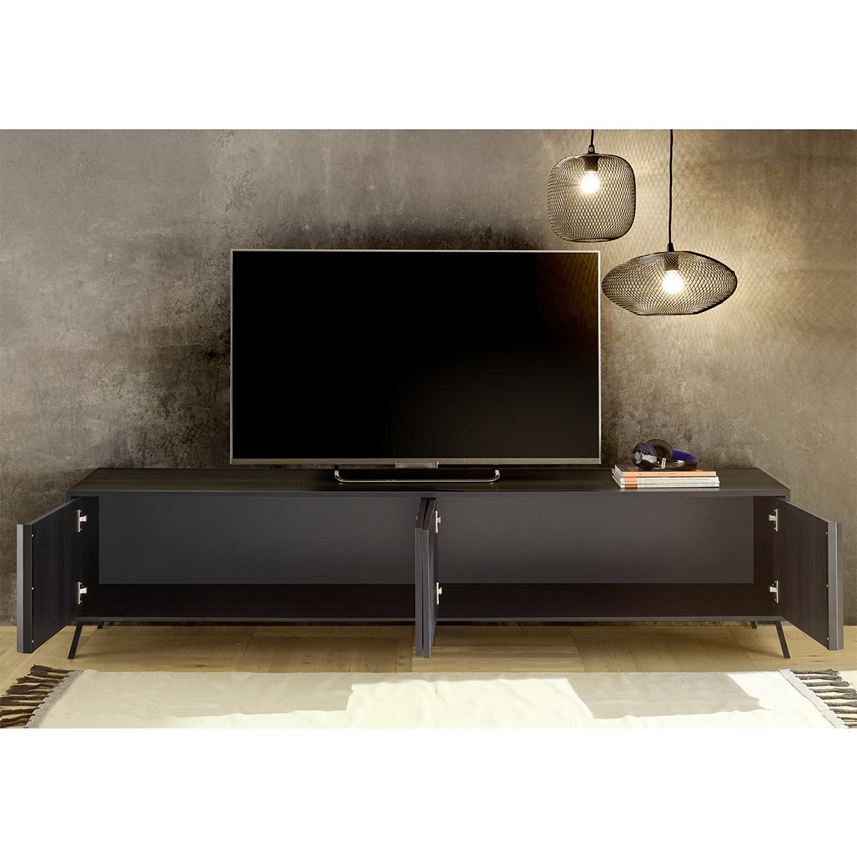 TV-MÖBEL mit 4 Türen L205 cm - City - Schwarz, Holzwerkstoff (40/48/205cm) - Calicosy