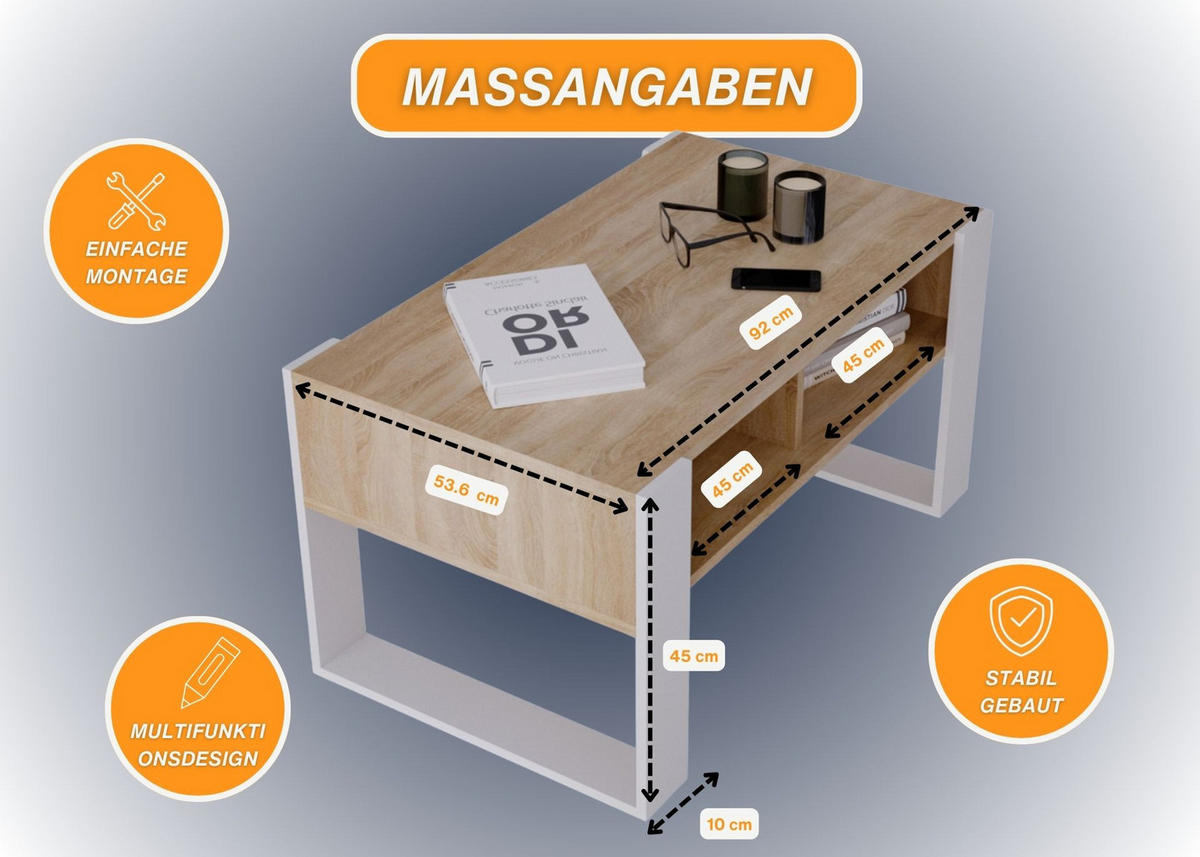 COUCHTISCH Kora92 92/45/53,6 - Weiß/Sonoma Eiche, Holzwerkstoff (54/92/45cm) - RAUMHIRSCH FURNITURE