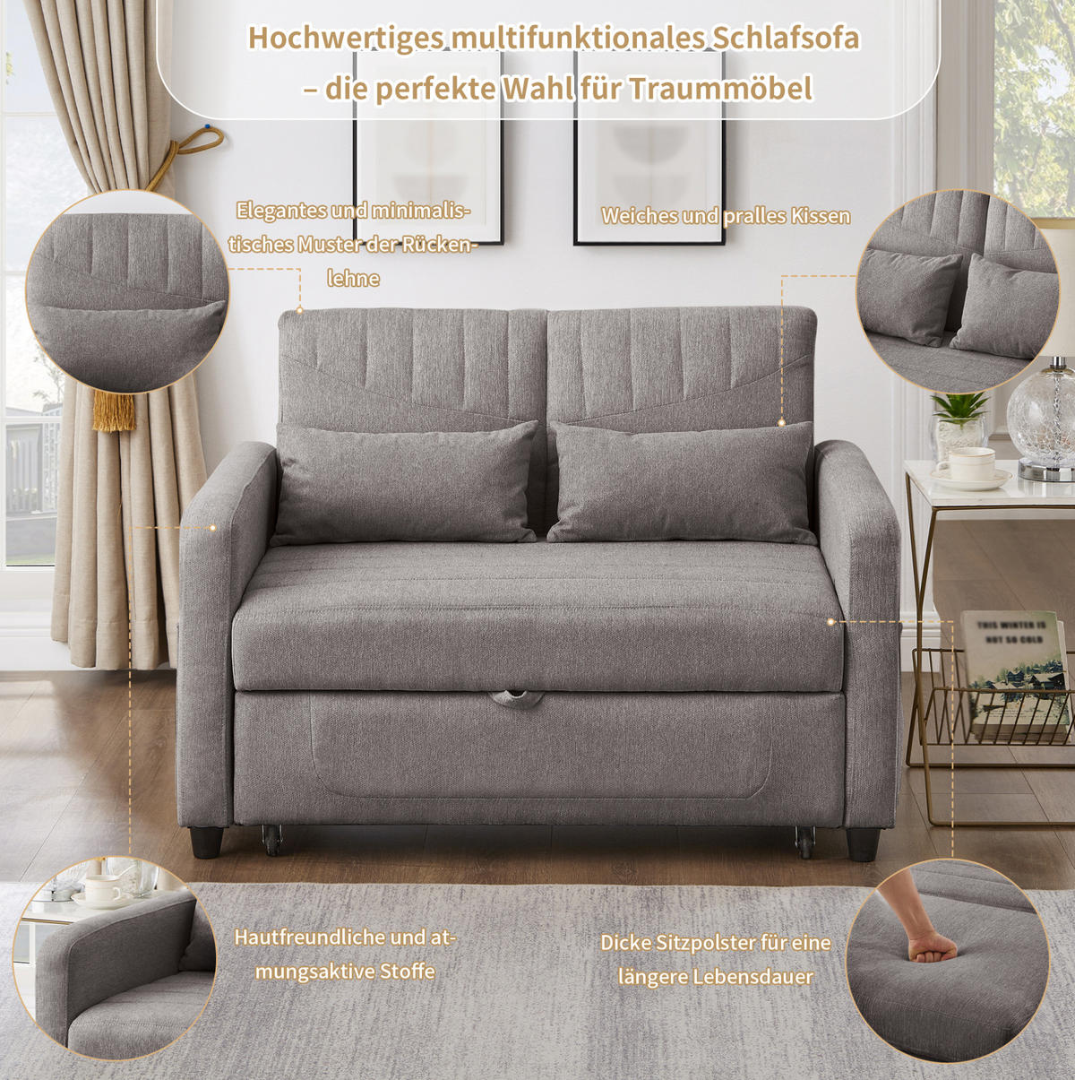 SCHLAFSOFA Baumwoll-Leinen mit Ausziehfunktion und verstellbarer Rückenlehne Grau 114/77/82,5 cm - Grau, Textil (77/82.5/114cm) - Redom