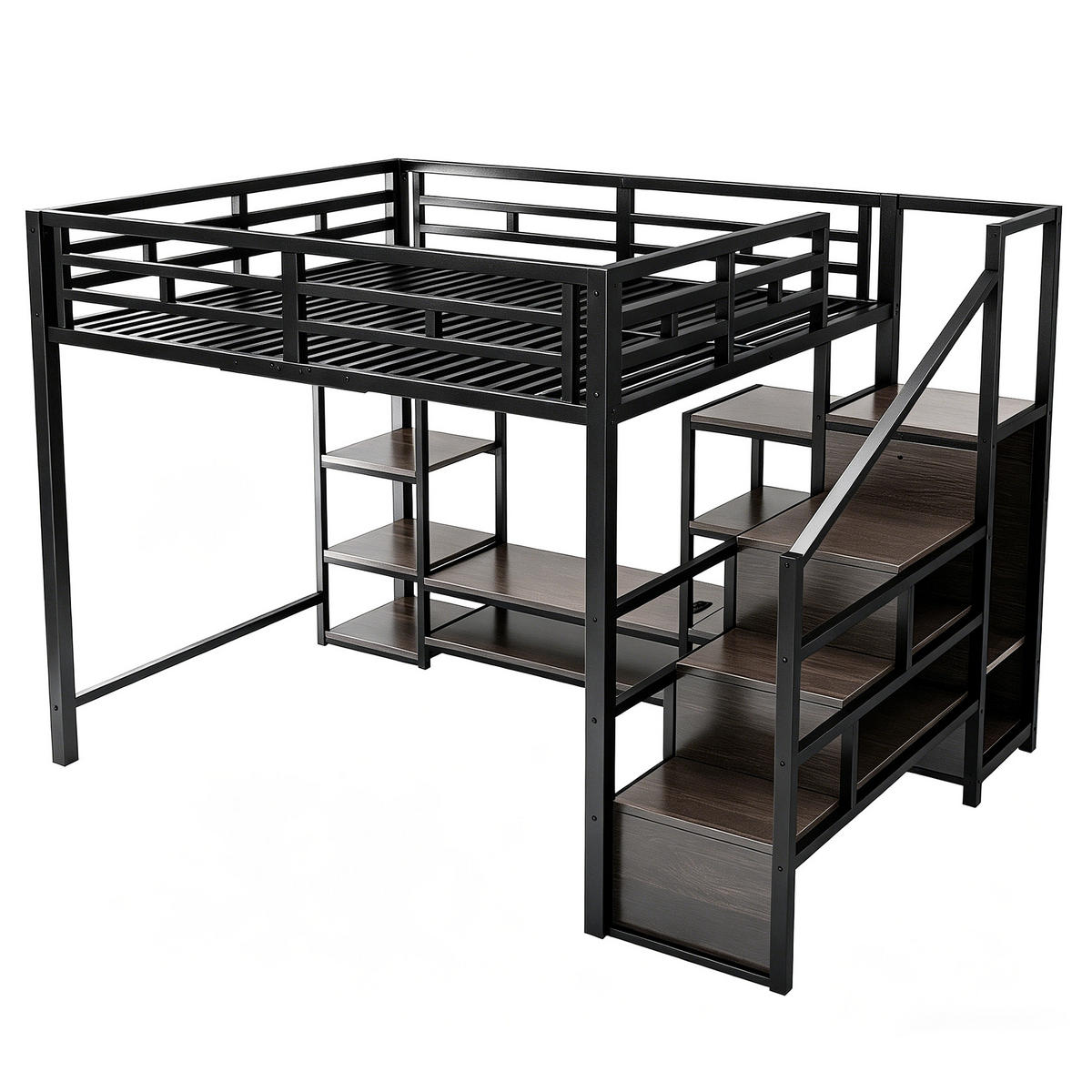 HOCHBETT 140/200 cm in Schwarz mit TV-Ständer, Steckdose und Leiter aus Metall - Schwarz, Holzwerkstoff/Metall (140/200cm) - CHICFURN