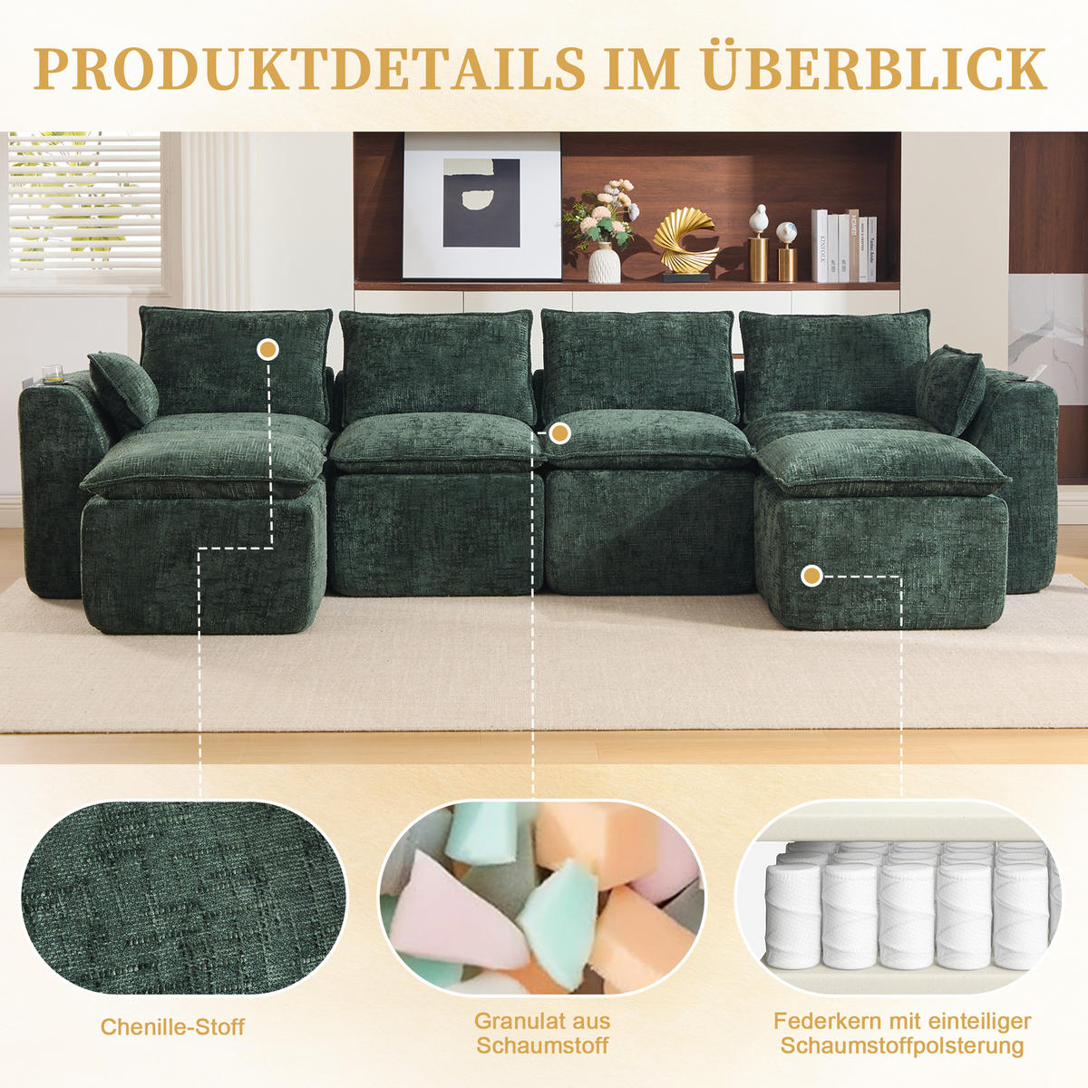 4-SITZER-SOFA aus Chenille, modular mit 2 Fußhockern und Getränkehaltern - Grün, Textil (322/75/161cm) - Urban Meuble