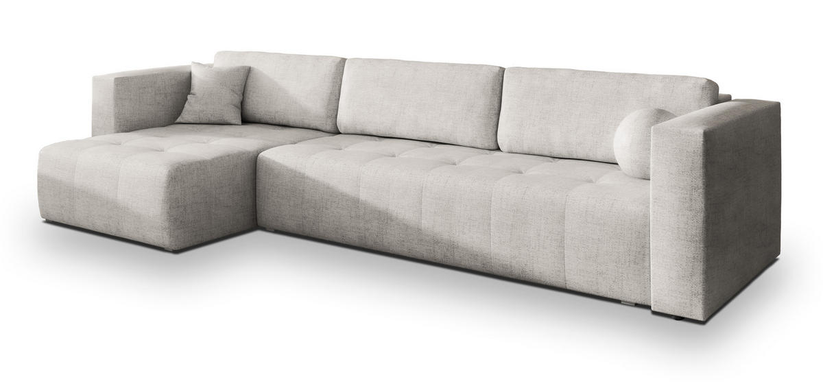 ECKSOFA OLVERA Creme Geflochtener Stoff mit Schlaffunktion - Creme, Holz (347/148cm) - MASSENO