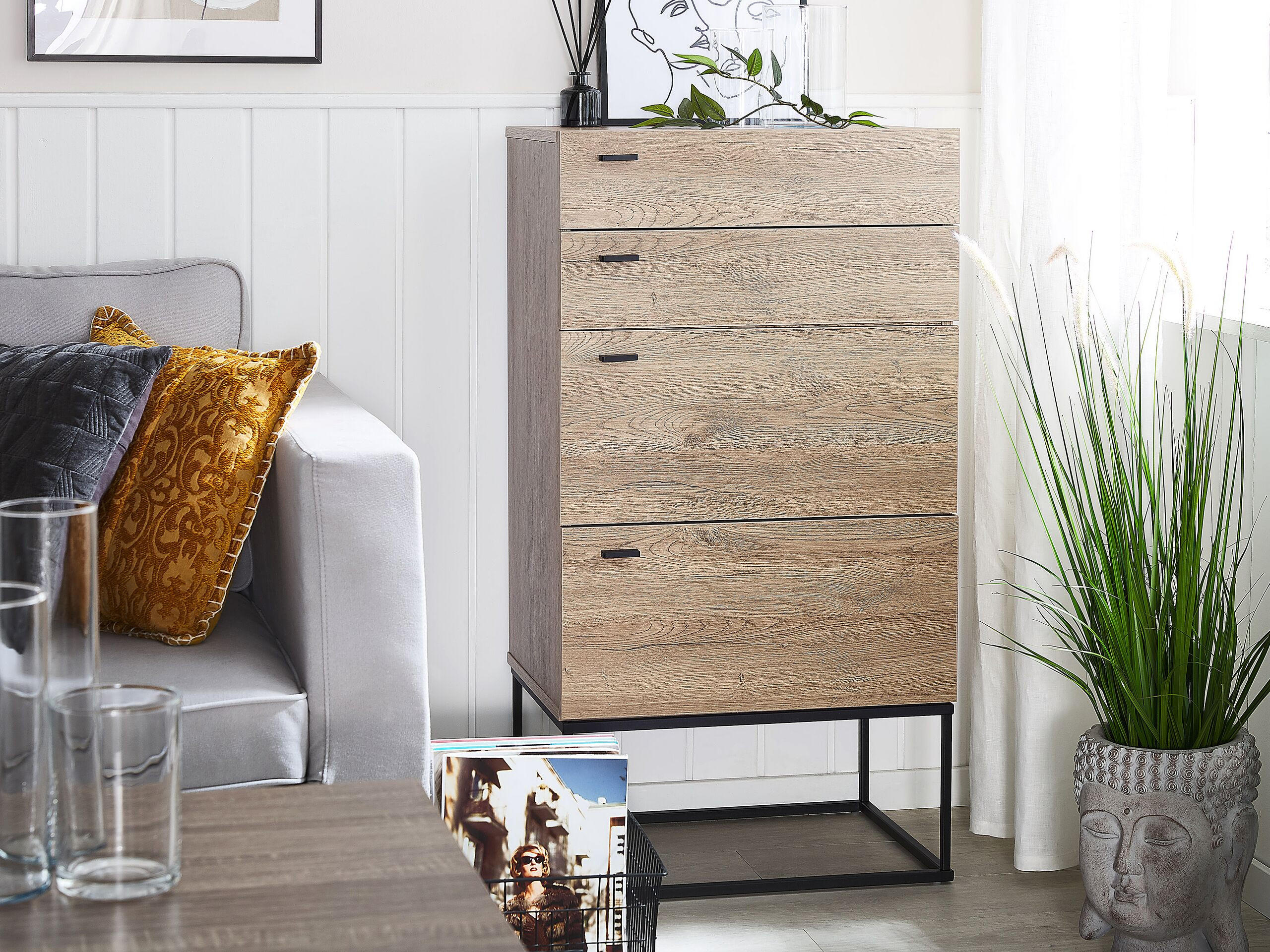 KOMMODE 4 Schubladen heller Holzfarbton Acra - Hellbraun/Schwarz, Holzwerkstoff (52/106/41cm) - Beliani