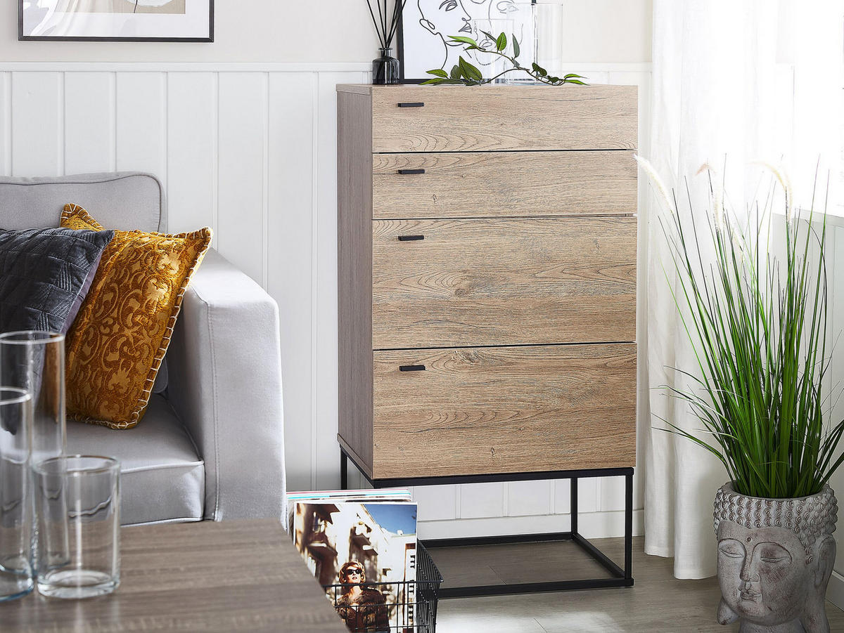 KOMMODE 4 Schubladen heller Holzfarbton Acra - Hellbraun/Schwarz, Holzwerkstoff (52/106/41cm) - Beliani
