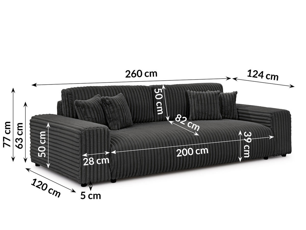 BIGSOFA Mollis Dunkelgrau Plüschcord mit Schlaffunktion - Dunkelgrau/Schwarz, Holz/Kunststoff (260/77/124cm) - S-Style Möbel