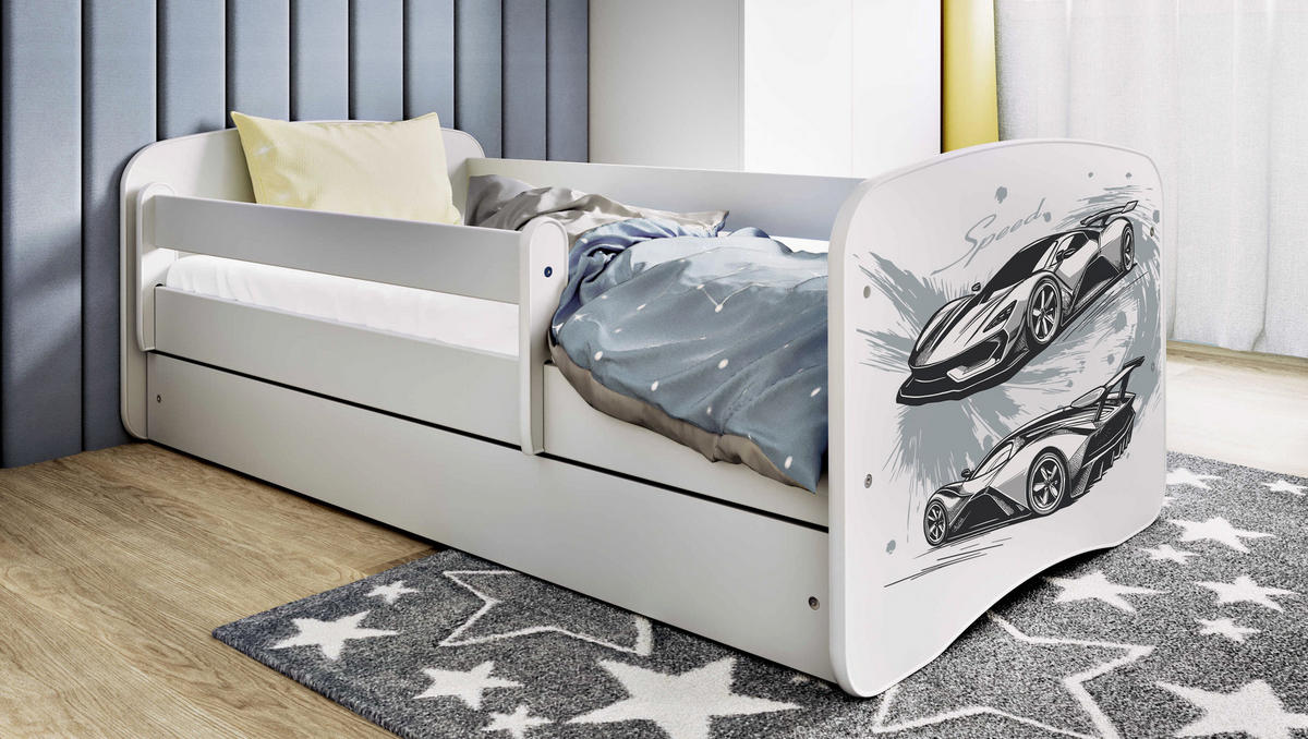 KINDERBETT Sportwagen mit Schublade und Matratze 140/70 - Weiß, Holzwerkstoff (70/140cm) - RAUMHIRSCH FURNITURE