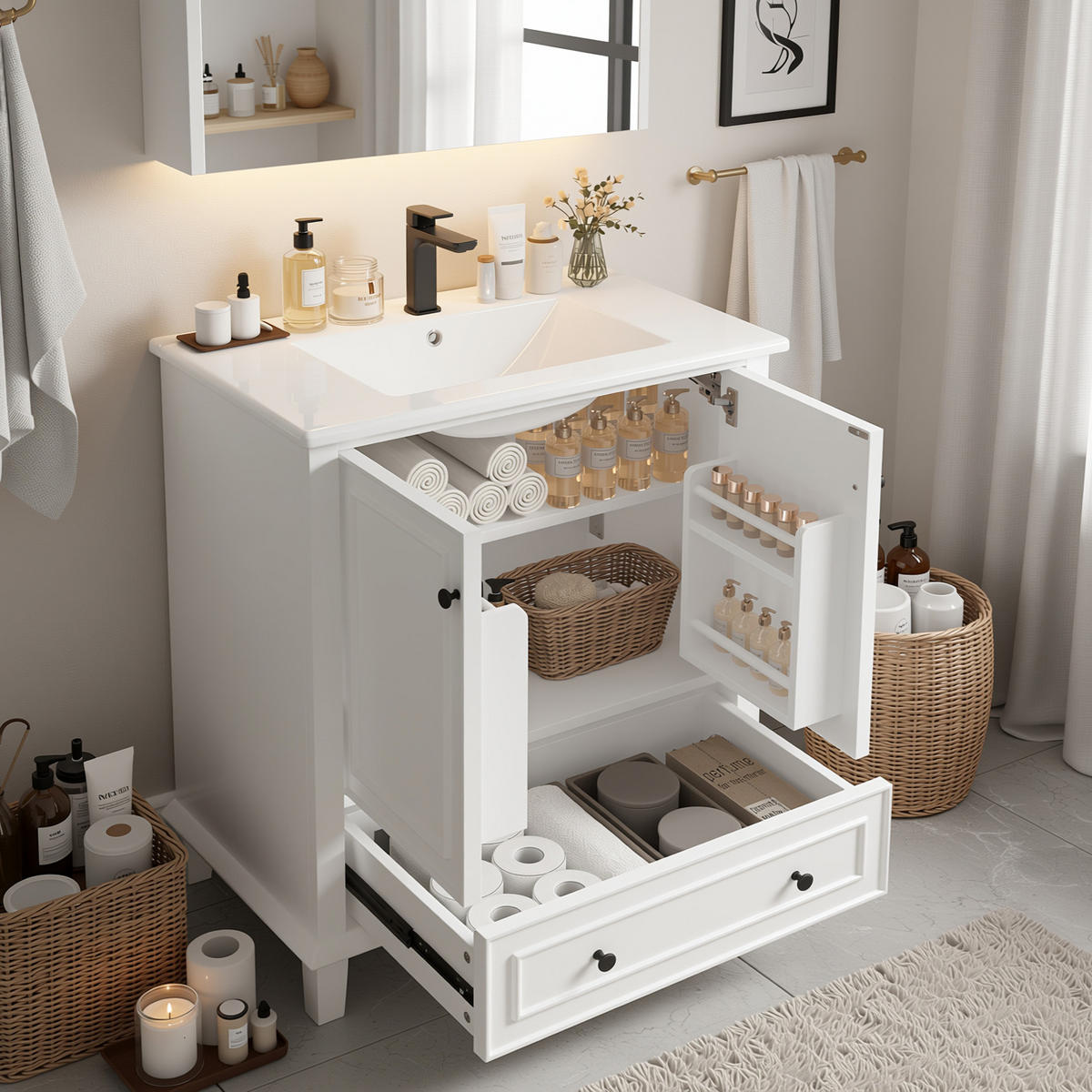 WASCHTISCHKOMBI Weiß mit Keramikbecken & Massivholzbeinen - Weiß, Keramik/Holzwerkstoff (76/87/46cm) - Urban Meuble