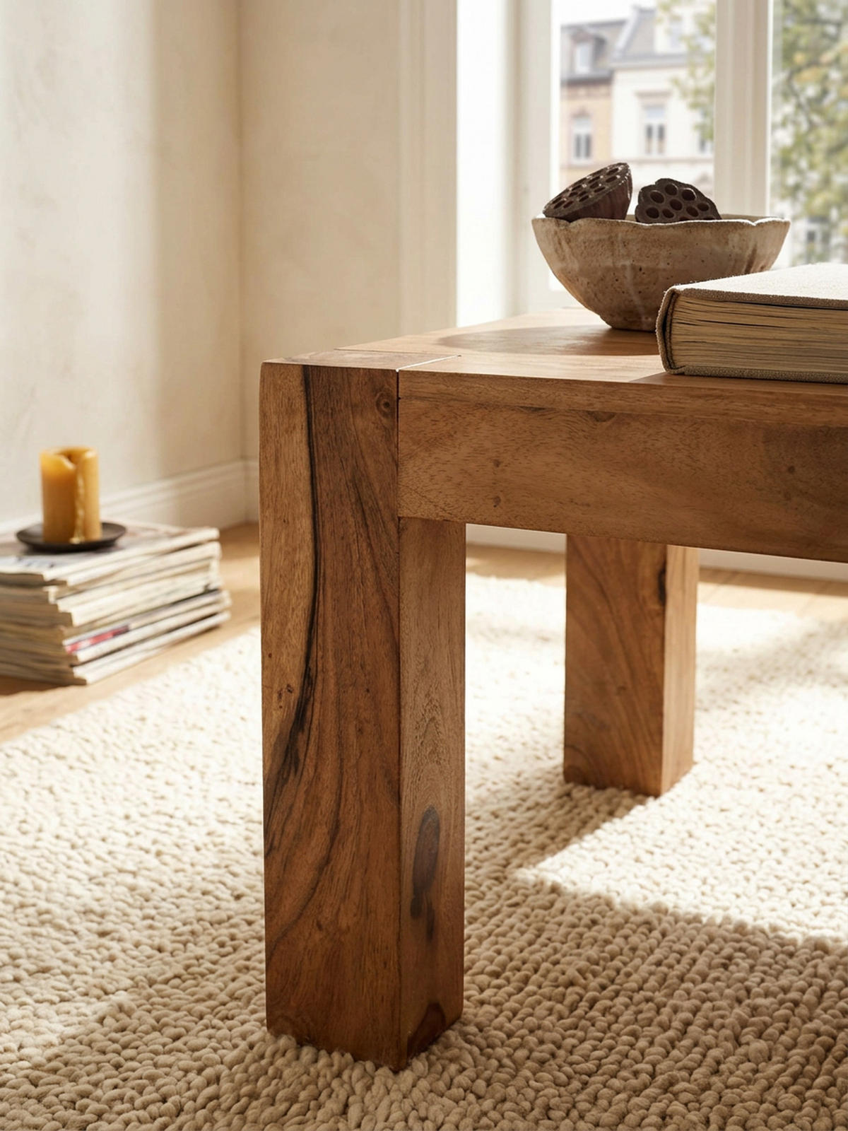 COUCHTISCH aus Akazienholz, rustikal, quadratisch, handgefertigt, Beige 60x60x40 cm - Beige, Holz (60/60/40cm) - KADIMA DESIGN