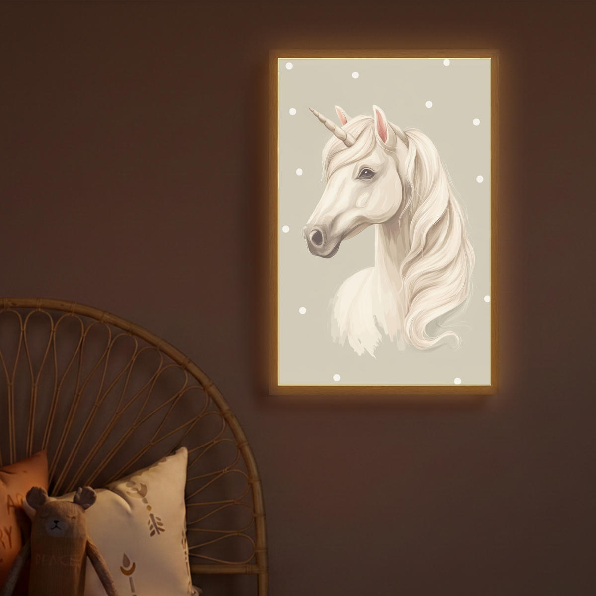 NÁSTĚNNÁ LAMPA S AKUMULÁTOREM Jednorožec - bílý - tečky 40x60 cm - šedohnědá, kompozitní dřevo (40/60/8cm) - OnlyWow