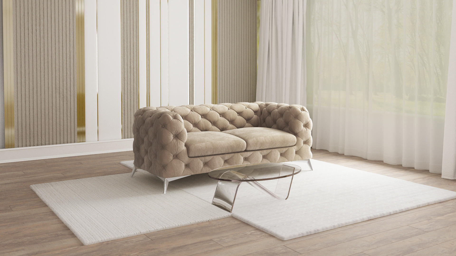 CHESTERFIELD-SOFA 2-Sitzer Laura Dunkle Creme Samt - Silberfarben/Creme, Holz/Textil (185/75/100cm) - S-Style Möbel