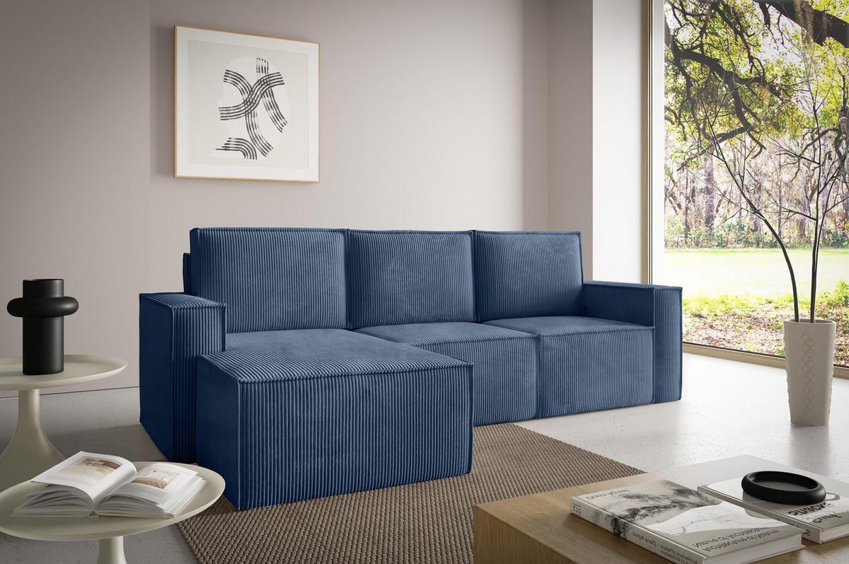 ECKSOFA Orto Dunkelblau, Dreisitzer Kordecksofa linke seite - Dunkelblau, Holzwerkstoff/Textil (180/142cm) - Bettso