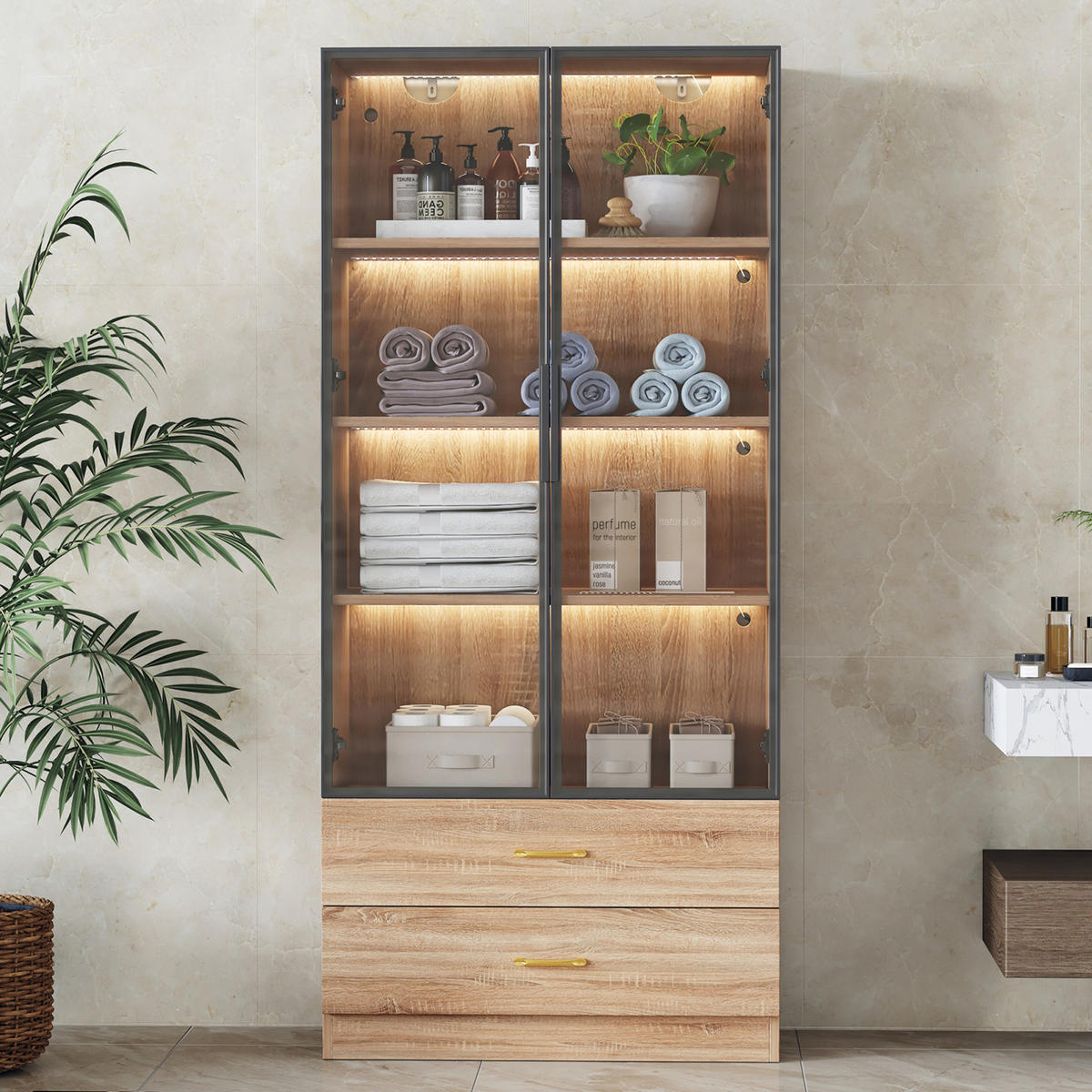 KOUPELNOVÁ skříňka z MDF 75x34.5x170 cm hnědá s otevřenými policemi, dvířky, zásuvkami a tvrzeným sklem - hnědá, kompozitní dřevo (75/170/34.5cm) - Modfu