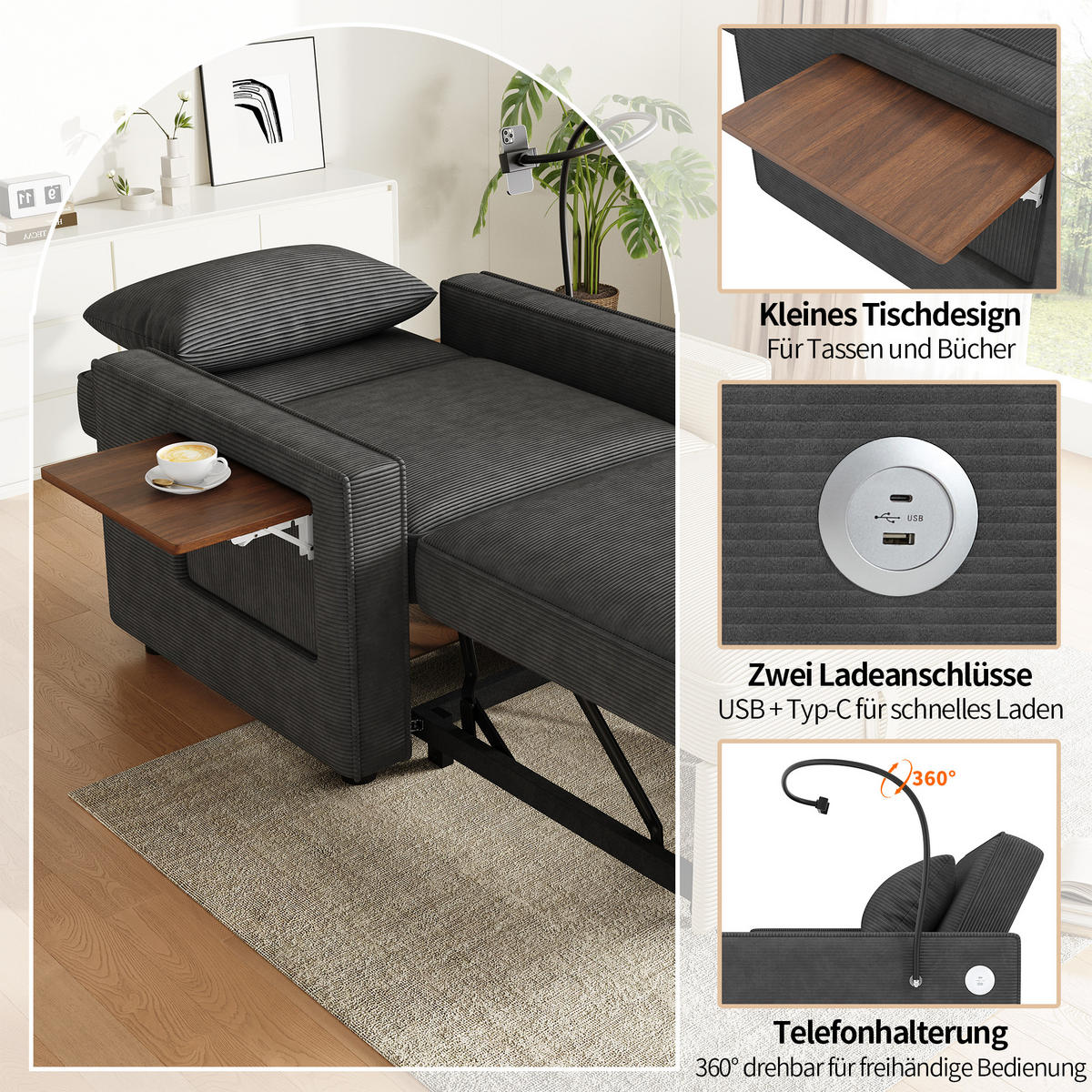 SCHLAFSOFA 1-Sitzer, Cord, mit USB-Anschluss & Handyhalter, 93/150/85 cm, Grau - Grau, Textil (93/85/150cm) - Redom