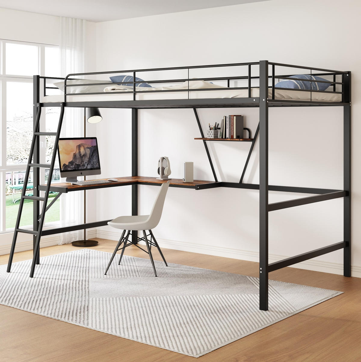 HOCHBETT 90/200 cm aus Metall mit L-Schreibtisch und Regal in Schwarz - Schwarz, Metall (90/200cm) - Flora Grace