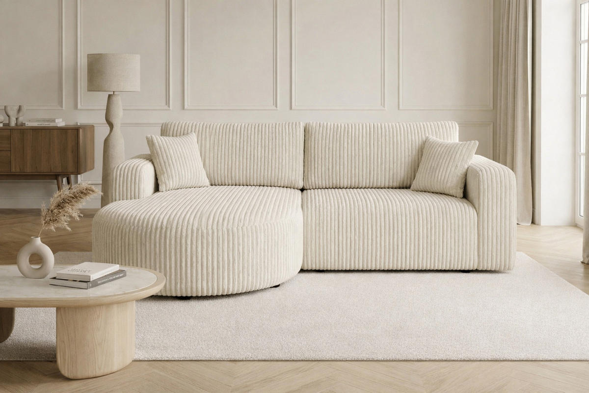 ECKSOFA Mit Schlaffunktion, Cordstoff Tilia, Ecru, Links, ROUND ONE - Ecru, Holz (244/175cm) - Kaiser Möbel