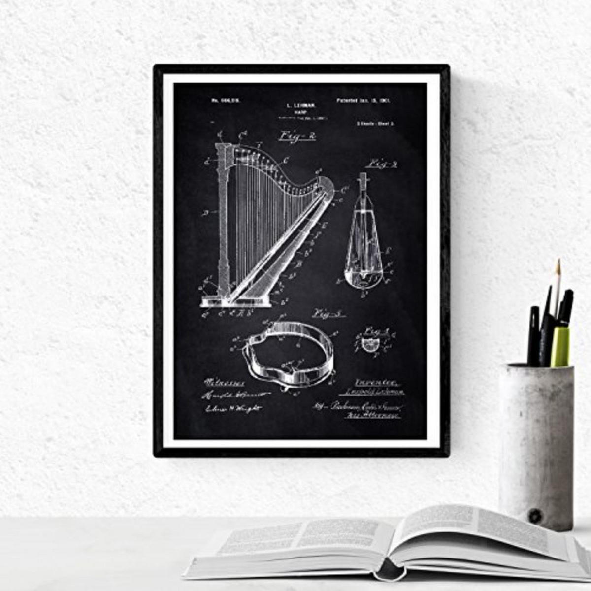 POSTER Set mit 4 Schwarz Orchester Instrumenten Patenten A4 Schwarzer Rahmen - Schwarz, Papier (29.7/3cm) - Nacnic