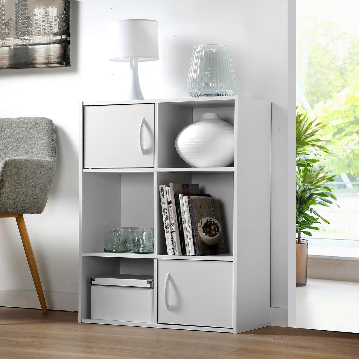 AUFBEWAHRUNGSREGAL 6 Fächer mit 2 Türen - L61,5 cm - Weiß, Holzwerkstoff (29.5/80/61.5cm) - Calicosy