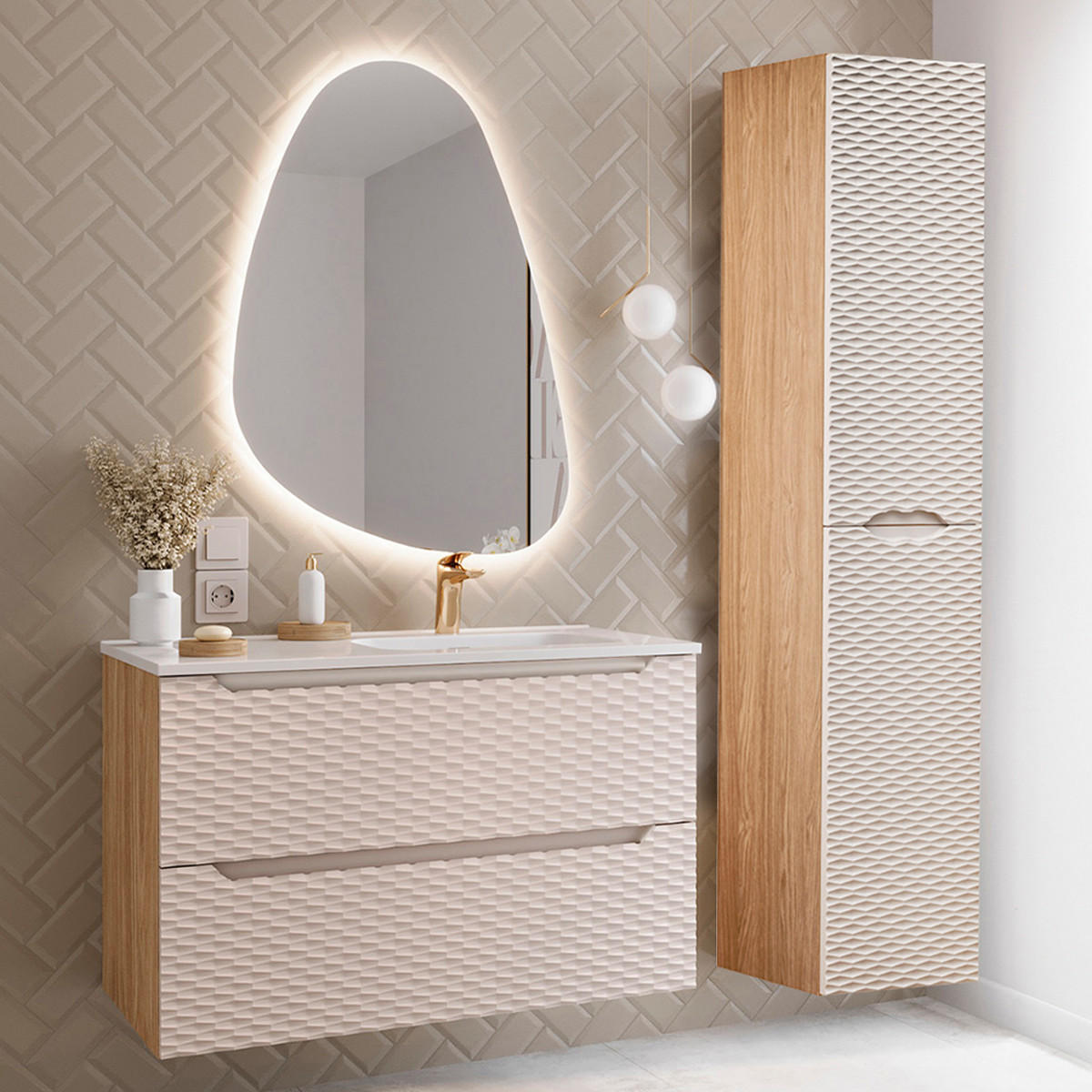 BADMÖBEL 90cm Elora 2er-Set Beige und Holz - Braun, Holzwerkstoff (90/57/46cm) - Petits-meubles