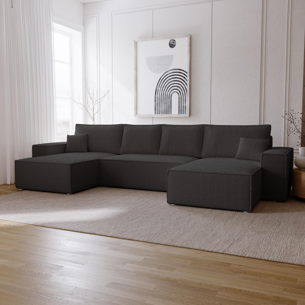 ECKCOUCH Bergamo U Bouclé mit Schlaffunktion, 380 cm, Schwarz - Schwarz, Holz (377/189cm) - Emporius
